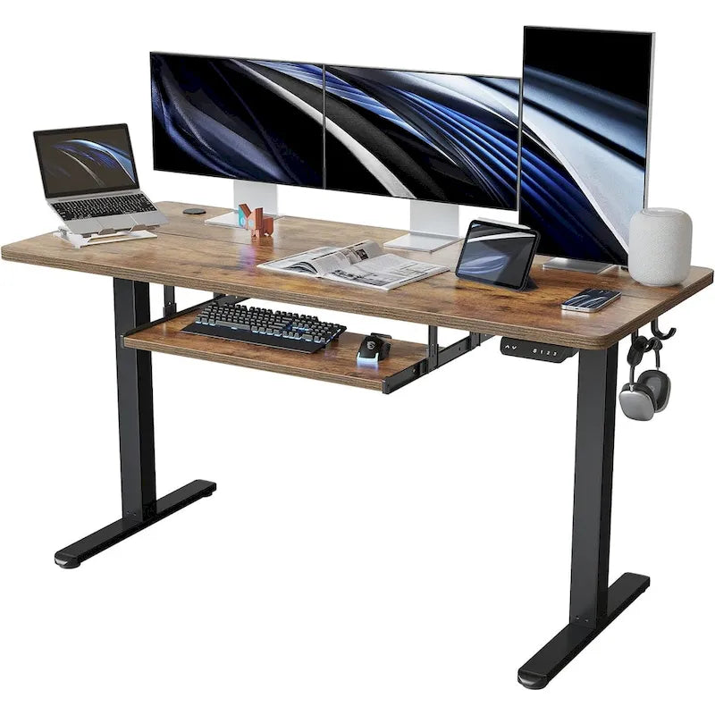 Scrivania ergonomica nera regolabile in altezza con vassoio per tastiera, ripiano in legno, per 1 persona