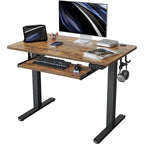 Scrivania ergonomica nera regolabile in altezza con vassoio per tastiera, ripiano in legno, per 1 persona