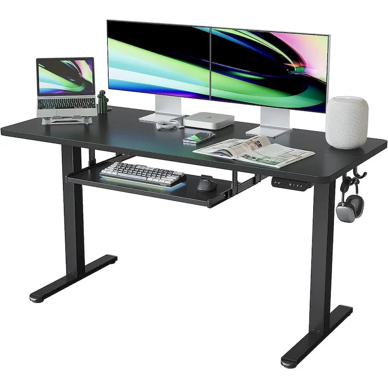 Scrivania ergonomica nera regolabile in altezza con vassoio per tastiera, ripiano in legno, per 1 persona