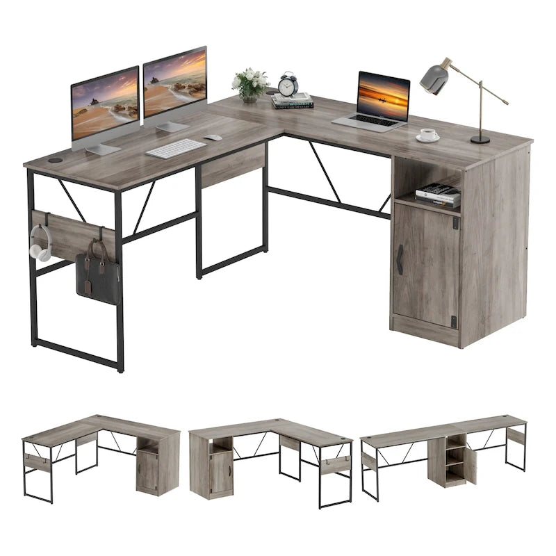 Scrivania a L con Mobiletto – 1 o 2 Posti – Grigio Cenere / Bianco Laccato / Nero Dorato / Marrone Rustico