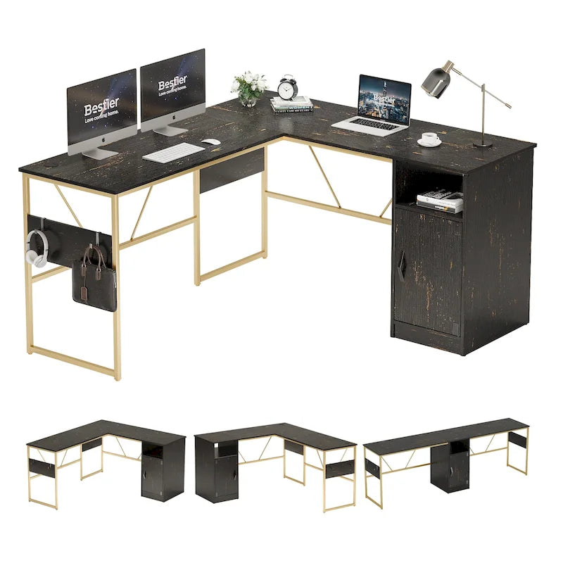 Scrivania a L con Mobiletto – 1 o 2 Posti – Grigio Cenere / Bianco Laccato / Nero Dorato / Marrone Rustico