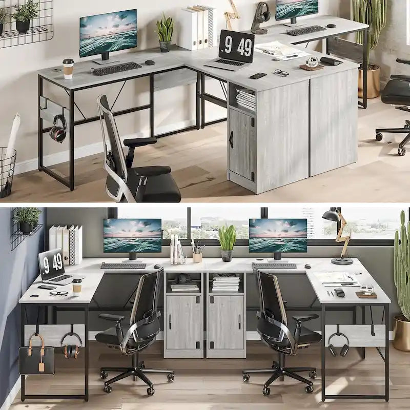 Scrivania a L con Mobiletto – 1 o 2 Posti – Grigio Cenere / Bianco Laccato / Nero Dorato / Marrone Rustico