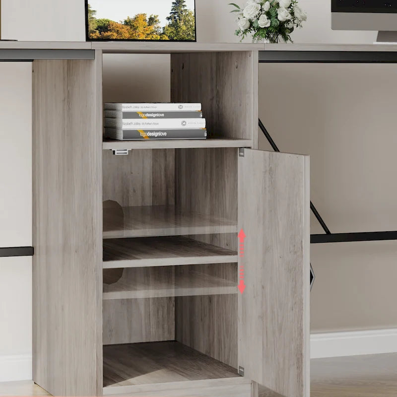 Scrivania a L con Mobiletto – 1 o 2 Posti – Grigio Cenere / Bianco Laccato / Nero Dorato / Marrone Rustico