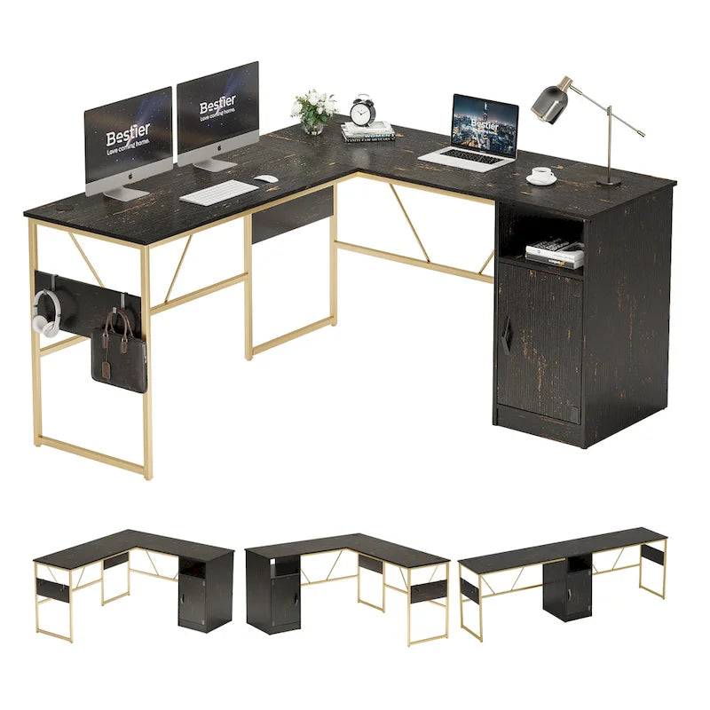 Scrivania a L con Mobiletto – 1 o 2 Posti – Grigio Cenere / Bianco Laccato / Nero Dorato / Marrone Rustico
