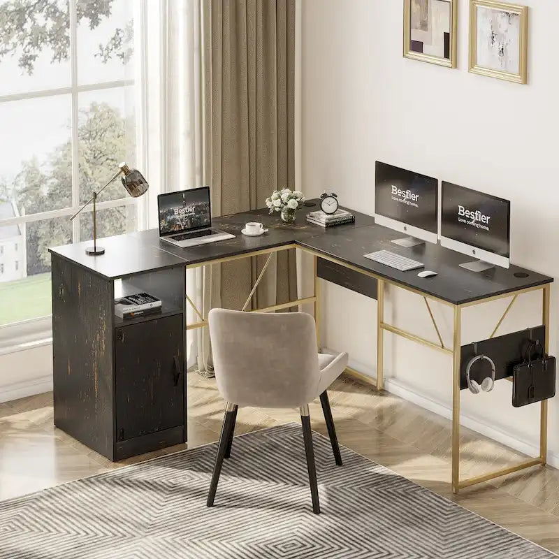 Scrivania a L con Mobiletto – 1 o 2 Posti – Grigio Cenere / Bianco Laccato / Nero Dorato / Marrone Rustico
