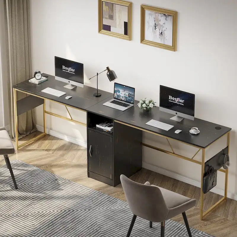Scrivania a L con Mobiletto – 1 o 2 Posti – Grigio Cenere / Bianco Laccato / Nero Dorato / Marrone Rustico