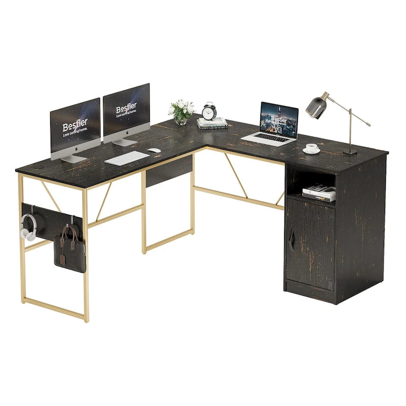 Scrivania a L con Mobiletto – 1 o 2 Posti – Grigio Cenere / Bianco Laccato / Nero Dorato / Marrone Rustico