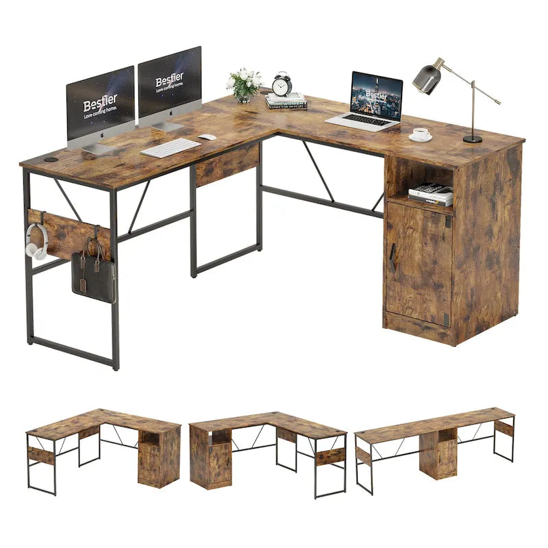 Scrivania a L con Mobiletto – 1 o 2 Posti – Grigio Cenere / Bianco Laccato / Nero Dorato / Marrone Rustico