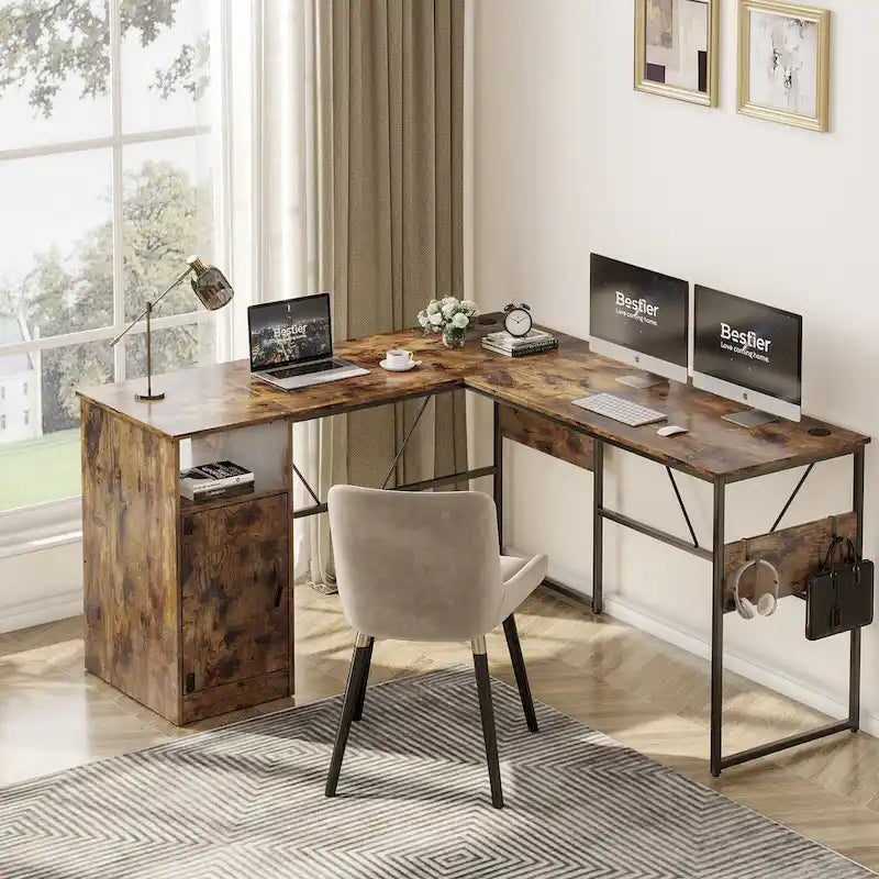 Scrivania a L con Mobiletto – 1 o 2 Posti – Grigio Cenere / Bianco Laccato / Nero Dorato / Marrone Rustico