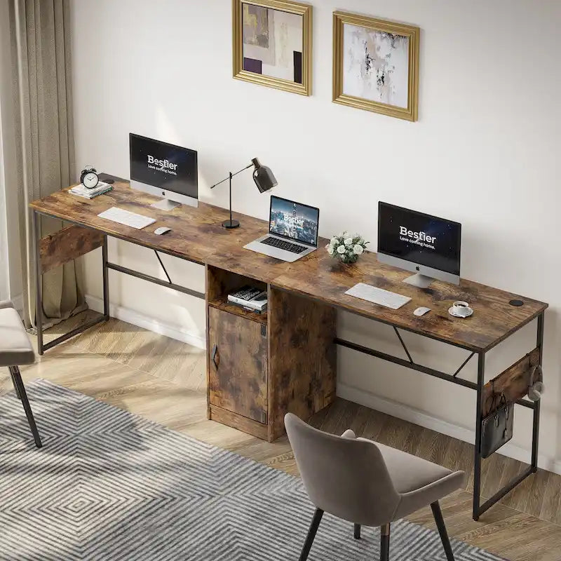 Scrivania a L con Mobiletto – 1 o 2 Posti – Grigio Cenere / Bianco Laccato / Nero Dorato / Marrone Rustico