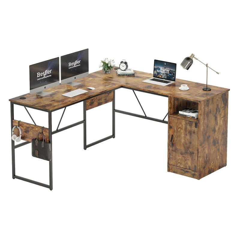 Scrivania a L con Mobiletto – 1 o 2 Posti – Grigio Cenere / Bianco Laccato / Nero Dorato / Marrone Rustico