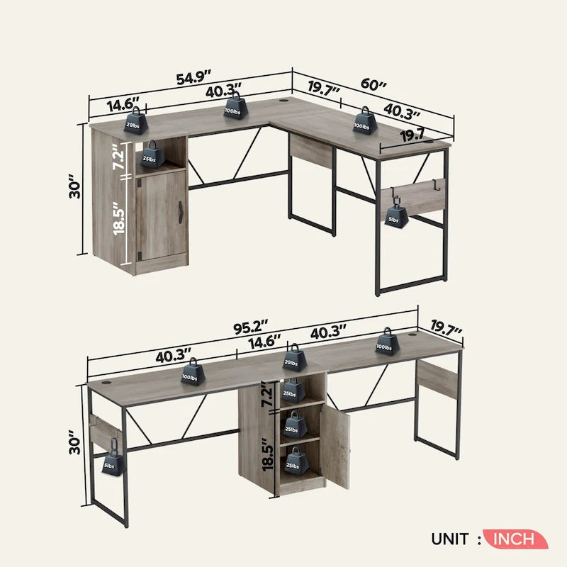 Scrivania a L con Mobiletto – 1 o 2 Posti – Grigio Cenere / Bianco Laccato / Nero Dorato / Marrone Rustico