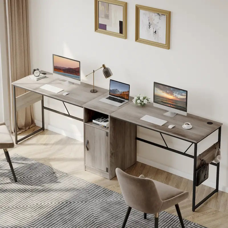 Scrivania a L con Mobiletto – 1 o 2 Posti – Grigio Cenere / Bianco Laccato / Nero Dorato / Marrone Rustico