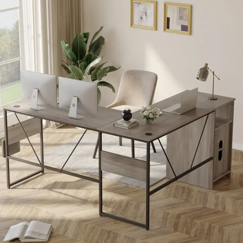 Scrivania a L con Mobiletto – 1 o 2 Posti – Grigio Cenere / Bianco Laccato / Nero Dorato / Marrone Rustico