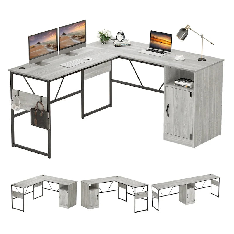 Scrivania a L con Mobiletto – 1 o 2 Posti – Grigio Cenere / Bianco Laccato / Nero Dorato / Marrone Rustico