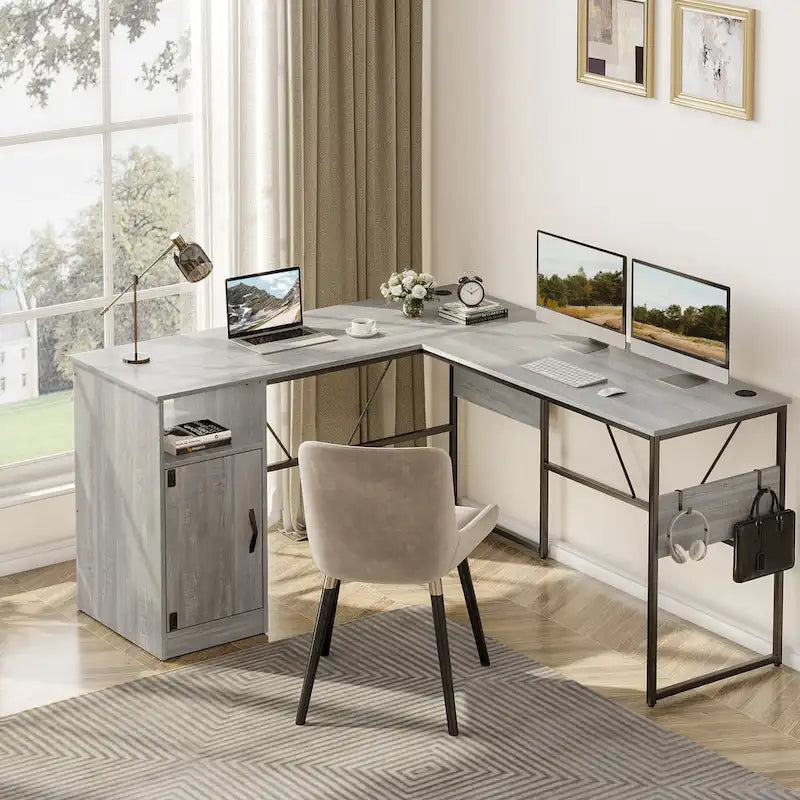 Scrivania a L con Mobiletto – 1 o 2 Posti – Grigio Cenere / Bianco Laccato / Nero Dorato / Marrone Rustico
