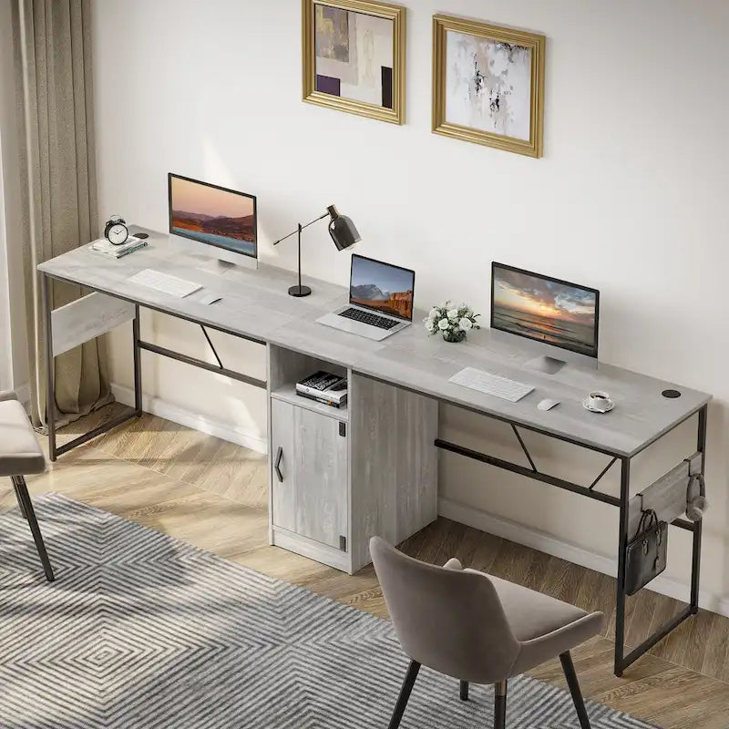 Scrivania a L con Mobiletto – 1 o 2 Posti – Grigio Cenere / Bianco Laccato / Nero Dorato / Marrone Rustico