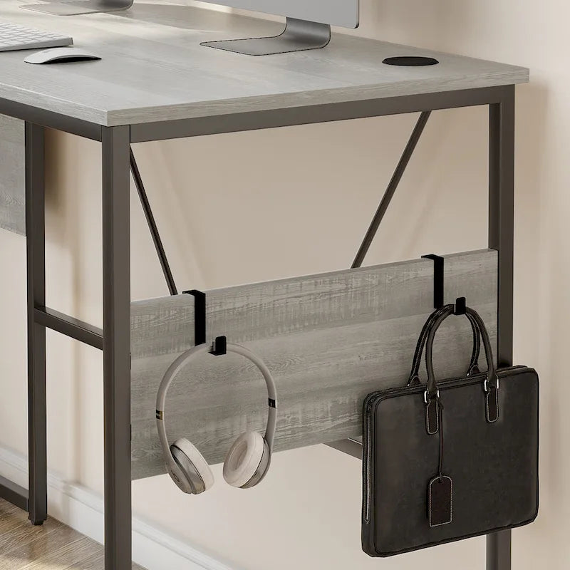 Scrivania a L con Mobiletto – 1 o 2 Posti – Grigio Cenere / Bianco Laccato / Nero Dorato / Marrone Rustico