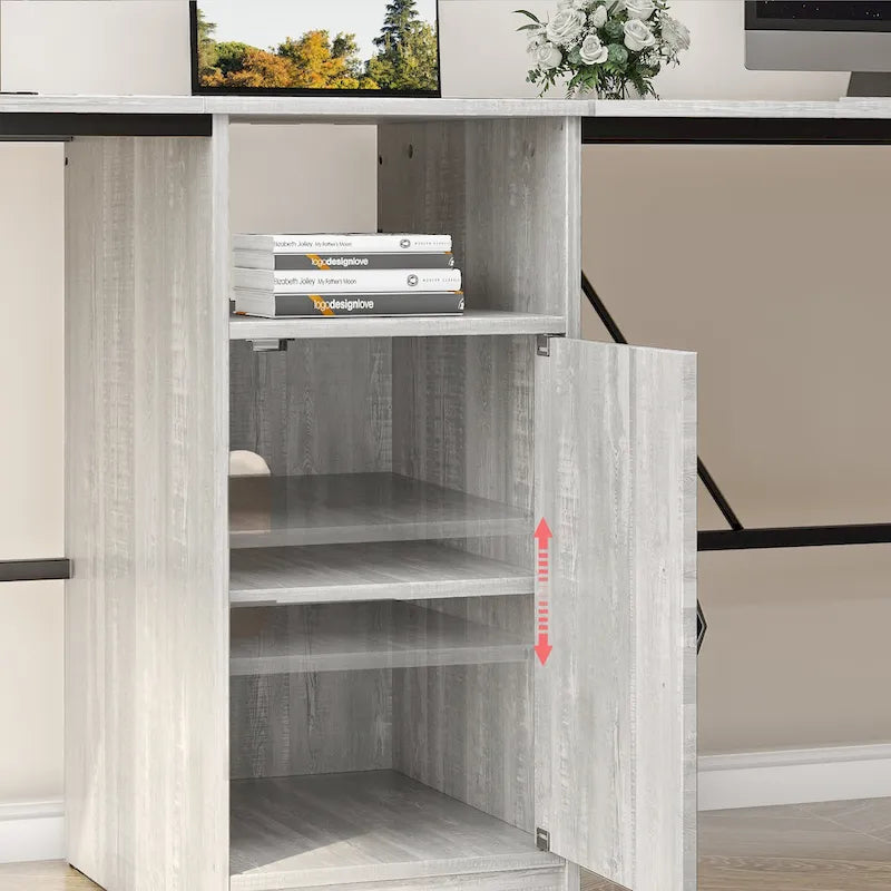 Scrivania a L con Mobiletto – 1 o 2 Posti – Grigio Cenere / Bianco Laccato / Nero Dorato / Marrone Rustico