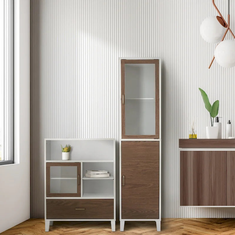 Mobiletto moderno da terra bianco e noce con anta in vetro