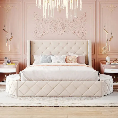 Letto a piattaforma con testiera ad ali in velluto beige, Queen, 2 persone