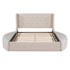 Letto a piattaforma con testiera ad ali in velluto beige, Queen, 2 persone