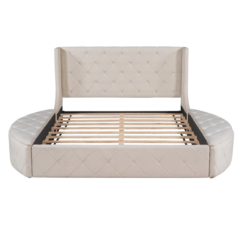 Letto a piattaforma con testiera ad ali in velluto beige, Queen, 2 persone