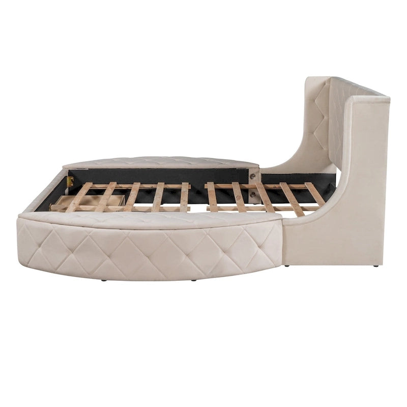 Letto a piattaforma con testiera ad ali in velluto beige, Queen, 2 persone
