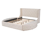 Letto a piattaforma con testiera ad ali in velluto beige, Queen, 2 persone