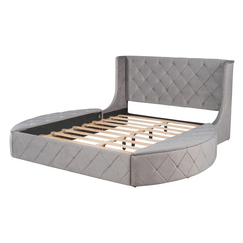Letto a piattaforma con testiera ad ali in velluto beige, Queen, 2 persone