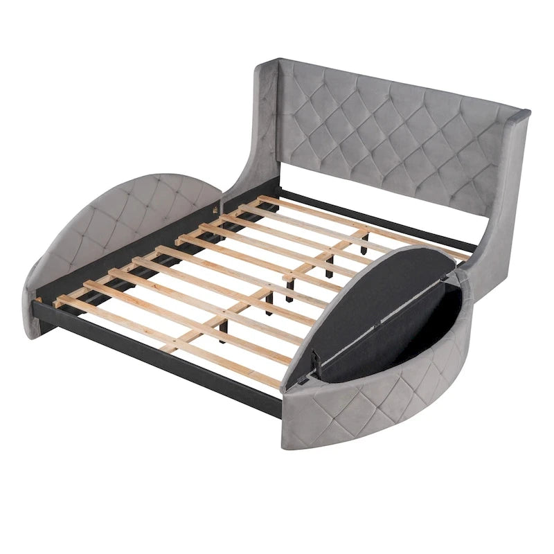 Letto a piattaforma con testiera ad ali in velluto beige, Queen, 2 persone