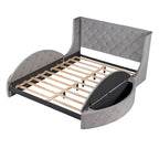Letto a piattaforma con testiera ad ali in velluto beige, Queen, 2 persone