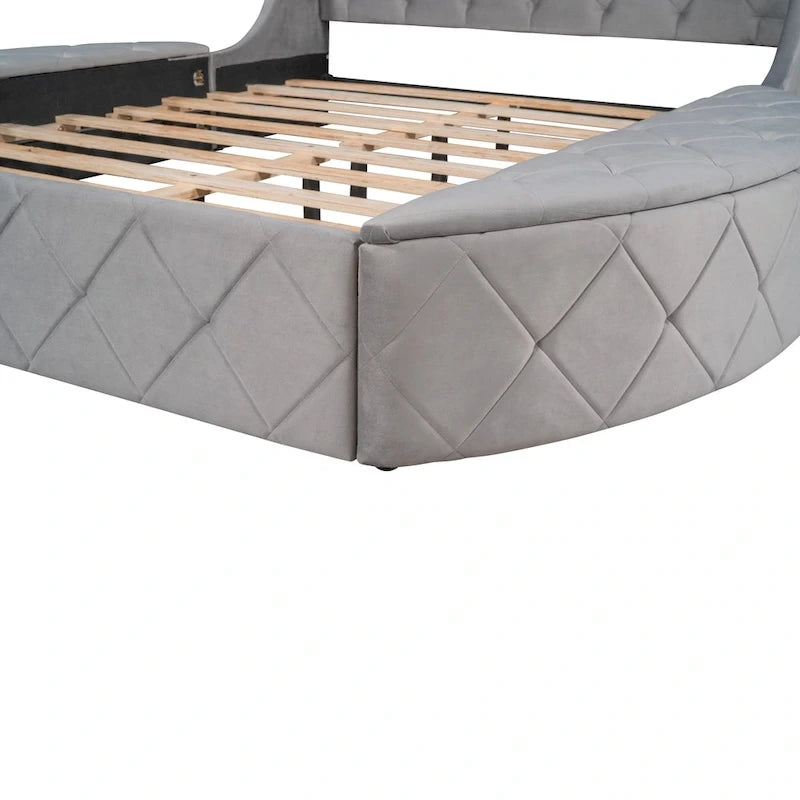 Letto a piattaforma con testiera ad ali in velluto beige, Queen, 2 persone