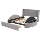Letto a piattaforma con testiera ad ali in velluto beige, Queen, 2 persone