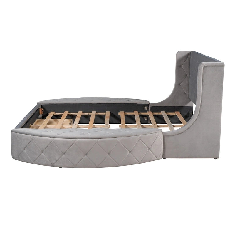 Letto a piattaforma con testiera ad ali in velluto beige, Queen, 2 persone