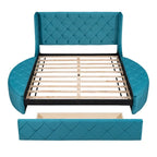 Letto a piattaforma con testiera ad ali in velluto beige, Queen, 2 persone