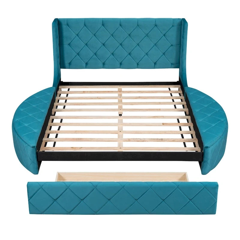 Letto a piattaforma con testiera ad ali in velluto beige, Queen, 2 persone