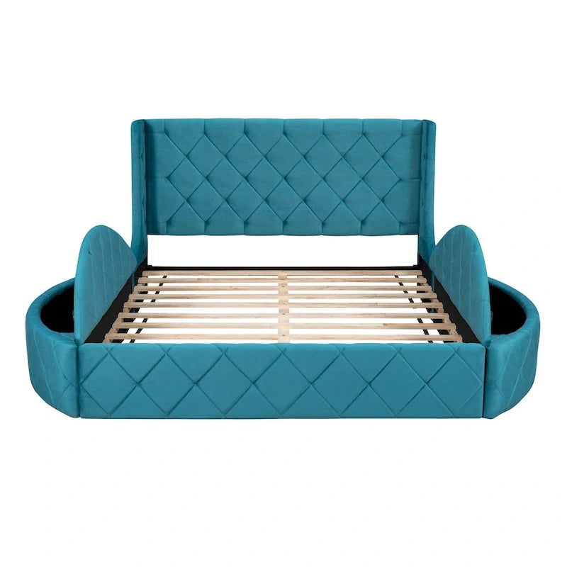 Letto a piattaforma con testiera ad ali in velluto beige, Queen, 2 persone