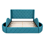 Letto a piattaforma con testiera ad ali in velluto beige, Queen, 2 persone