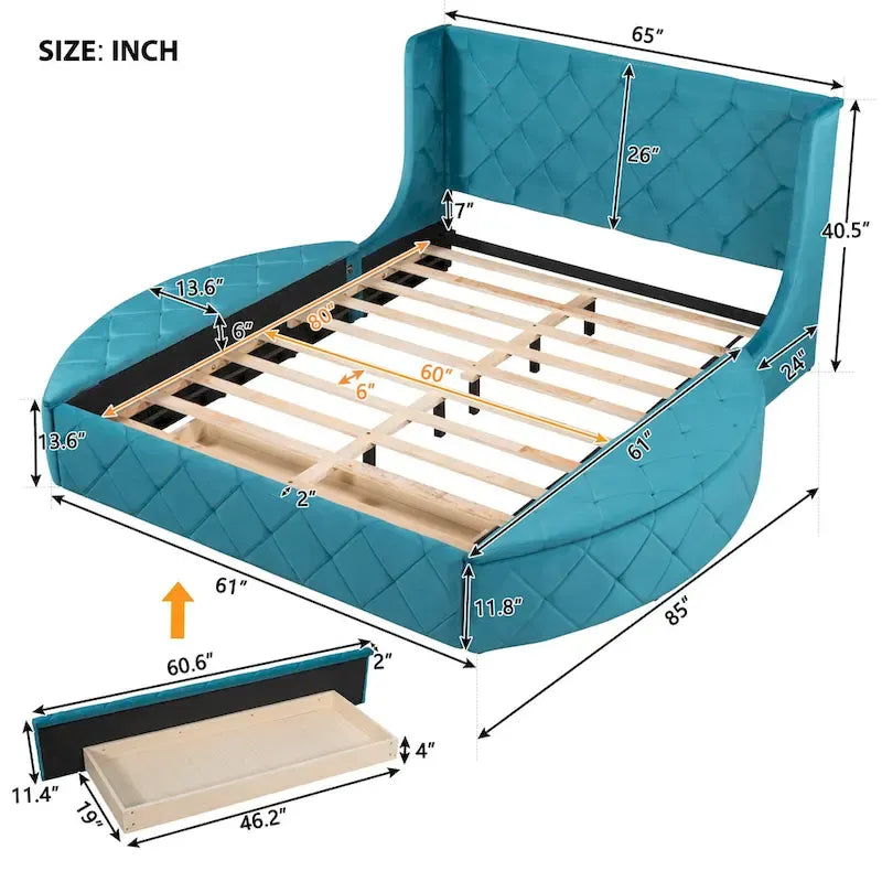Letto a piattaforma con testiera ad ali in velluto beige, Queen, 2 persone