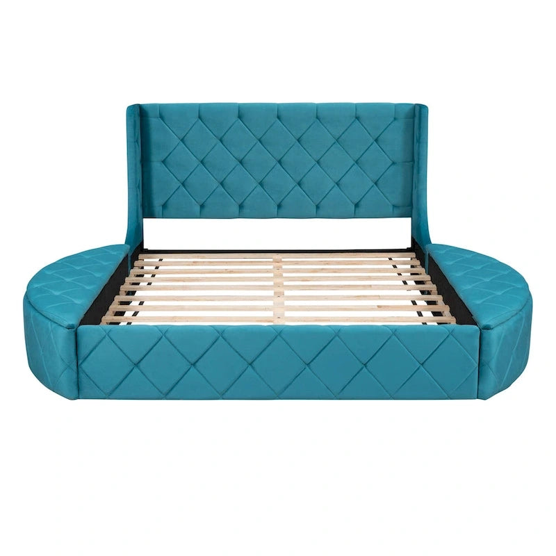 Letto a piattaforma con testiera ad ali in velluto beige, Queen, 2 persone
