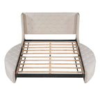 Letto a piattaforma con testiera ad ali in velluto beige, Queen, 2 persone