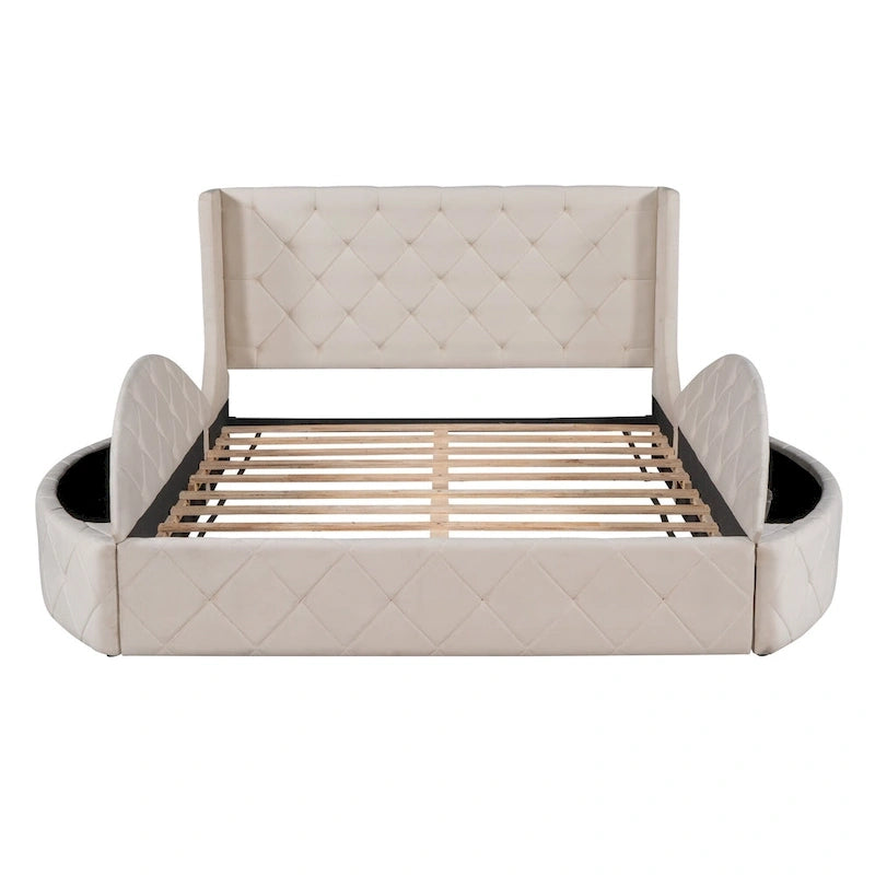 Letto a piattaforma con testiera ad ali in velluto beige, Queen, 2 persone