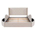Letto a piattaforma con testiera ad ali in velluto beige, Queen, 2 persone
