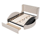 Letto a piattaforma con testiera ad ali in velluto beige, Queen, 2 persone