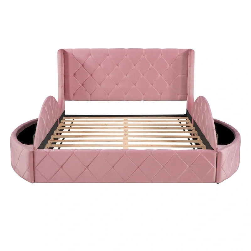 Letto a piattaforma con testiera ad ali in velluto beige, Queen, 2 persone