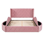 Letto a piattaforma con testiera ad ali in velluto beige, Queen, 2 persone