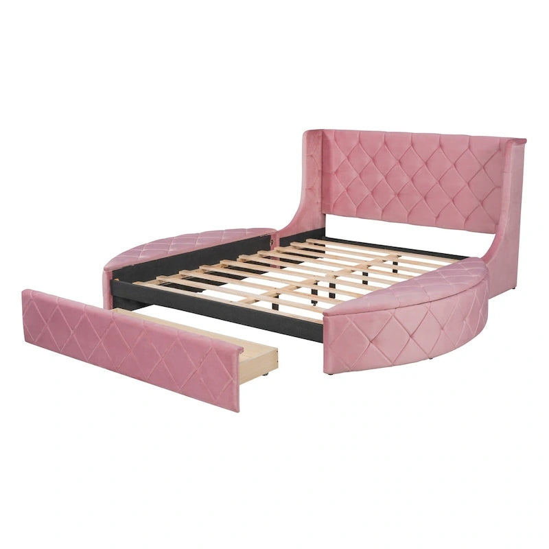 Letto a piattaforma con testiera ad ali in velluto beige, Queen, 2 persone