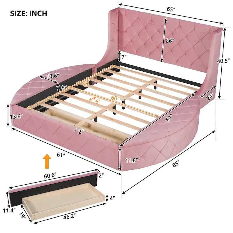 Letto a piattaforma con testiera ad ali in velluto beige, Queen, 2 persone
