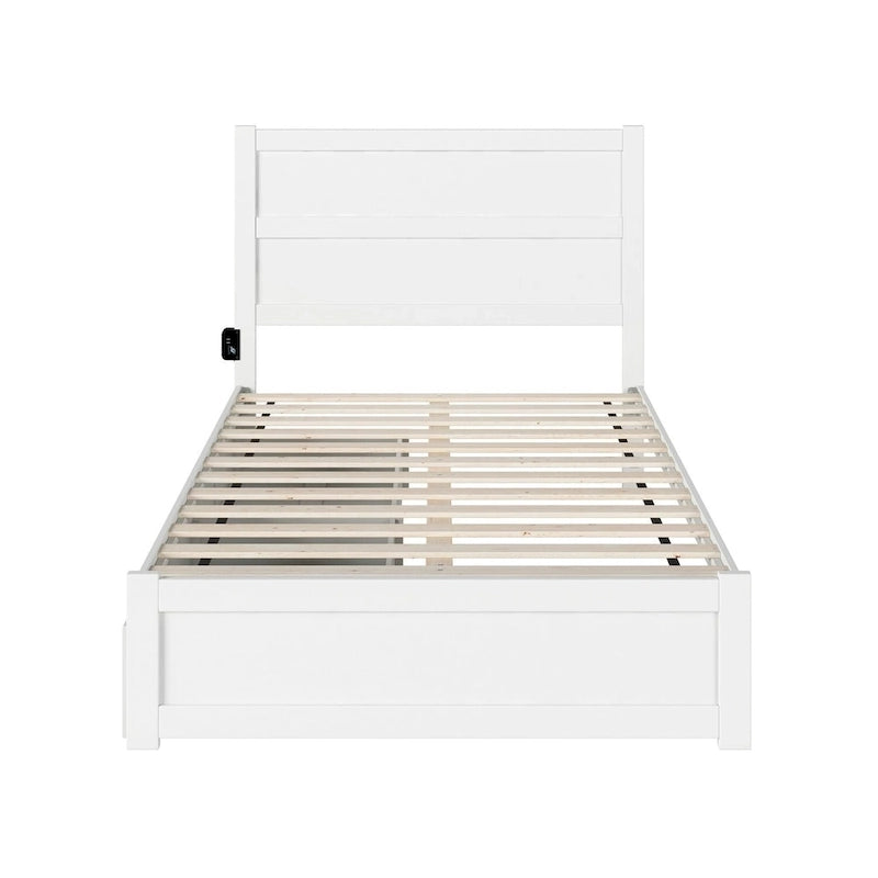 Letto Matrimoniale a Piattaforma Bianco con Pediera e 2 Cassetti